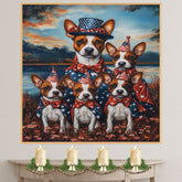 Basenji Dog Mom and Puppies in Patriotic Outfits with Party Hats and Bowties by Lakeside Sunset in a Colorful Americana Painting on Ready to Hang 1.5" Thick Canvas Wrap, Floating Framed Canvas, Flat Rolled Canvas